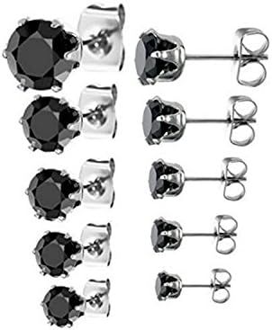 Stainless Steel Round Black Prime CZ Cubic Zirconia Stud Earring Set Includes 5 Pairs 3 4 5 6 7 mm,
