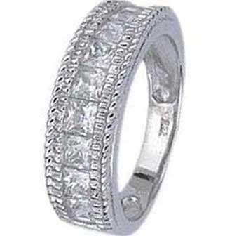 .925 Sterling Silver Half Eternity Band With Princess Cut Cubic Zirconias In Channel Setting