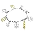 Sterling Silver Peace Signs and Feather Charm .925 Stamp Hypoallergenic Bracelet