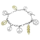 Sterling Silver Peace Signs and Feather Charm .925 Stamp Hypoallergenic Bracelet