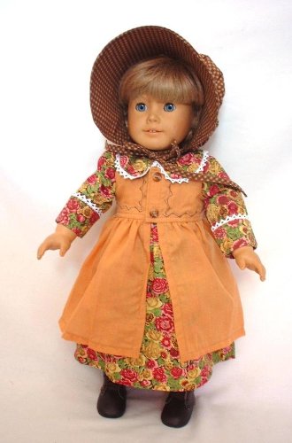 Fall or Winter Pioneer Floral School Work Dress with Apron & Prairie Bonnet Doll Clothes Gown Outfit Fits American Girl 18