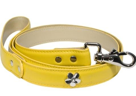 Designer Dog Leash - Leather Leash with Flower Studs - Yellow - Four Feet Long
