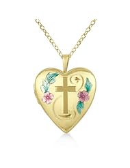 Heart Locket Pendant Necklace With Cross and Flower Engraving For Women 14K Yellow Gold Vermele