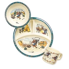 Children's "Wild West" Melamine Dinnerware Gift Set ft. Images of Horse, Cowboy, Indian Tent, etc.