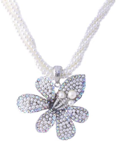 Multi-layer White Crystal Cluster Faux Pearl with Flower Necklace with Earring 2-set
