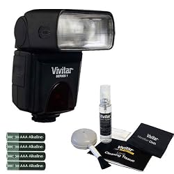 Vivitar DF383 Digital TTL Shoe Mount Power Zoom /Swivel /Bounce Auto-Focus Flash, Guide Number 45m (147') + (4) AA Batteries + Deluxe Cleaning Kit for Nikon D40, D40x, D50, D60, D80, D90, D200, D300, D700, D3, D3x Digital SLR Cameras