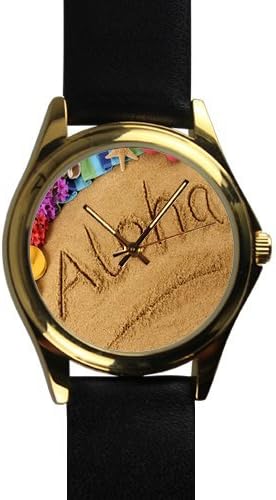 Special Design Summer Hawaii Aloha Unisex Gold-tone Round Metal Watch, Metal watch with black leather watchband