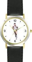 Man Runner No.5 Track & Field - WATCHBUDDY® DELUXE TWO-TONE THEME WATCH - Arabic Numbers - Black Leather Strap-Women's Size-Small