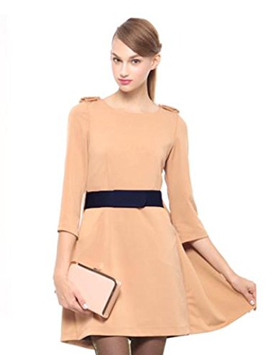 YeeNoke®  肩章付き フェイクレイヤード 7分袖ワンピース　  レディース フレアーワンピース フレアー 美人デコルテ ワンピ Aライン Aラインワンピース S M