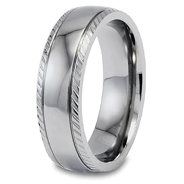 Engraved Grooved Domed Polished Titanium Ring (7mm) - Sizes 6 - 13