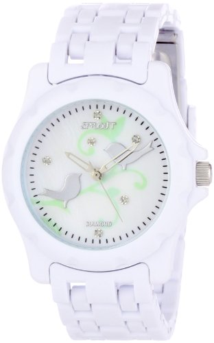 Sprout Women's ST6002MPWT Eco-Friendly Diamond Bird and Branch Dial White Corn Resin Bracelet Watch