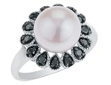 Freshwater White Pearl 10mm and Black Diamond Ring 1/5 Carat (ctw) in 14K White Gold