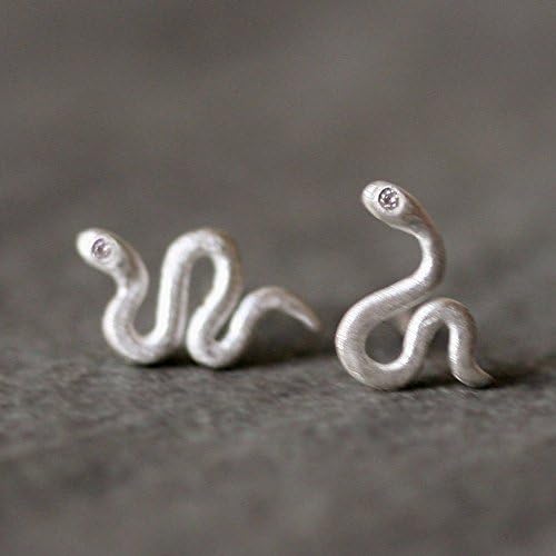 Mini Mismatched Snake Stud Earrings in Sterling Silver with Gemstones
