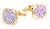 JJ Weston yellow gold plated cufflinks with mosaic effect pink mother of pearl. Presentation boxed. Made in the USA