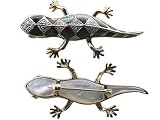 Black Mother Of Pearl Gecko Brooch with Diamonds, 14k Gold