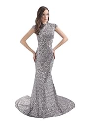 Mermaid Lace Sequined Slit Natural   Waistline Floor Length High-Neck Prom Dress  with a Brush/Sweep Train 