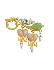 Organic Pink Flower Green Leaf Pin Gold Plated