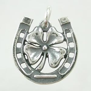 Horseshoe & Four Leaf Clover Good Luck Pendant in Sterling Silver, #9035