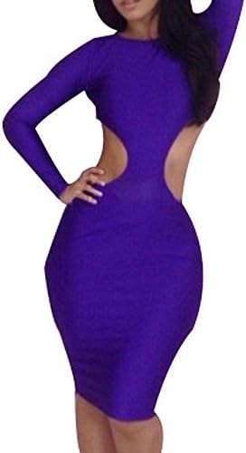 Your Gallery Women's Sexy Open Back Round Neck Long Sleeve Bandage Club Dress L Purple