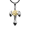 Stainless Steel Cubic Zirconia Gold Tone Center Cross Axe Pendant w. Rubber Cord Necklace