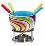 Kitchen - Mastrad Ceramic Fondue with Coloured Metal Handle Forks, Stripes Design