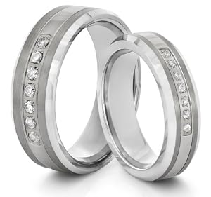 His & Her's 8mm/6mm Tungsten Carbide Silver CZ Wedding Band Ring Set (Available Sizes 4-14 Including Half Sizes)