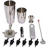 2dayShip 13 Piece Stainless Steel Professional Bar Set (2 Cocktail Shakers, Jigger, Speed Opener, Waiters Corkscrew, Julep Strainer, Long bar spoon and 6 Black bottle pourers)