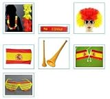 Spanien Espana 7 Teile Set Fanpaket WM 2010 Brille Autoflagge Afro Perücke Blumenkette Armband Vuvuzela Flagge Fahne