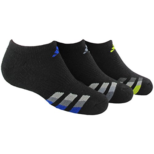 adidas Boys Cushion No Show Socks (Pack of 3), Black/Bold Blue - Light Onix - Semi Solar Yellow, Large