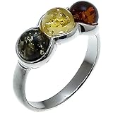 Certified Genuine Multicolor Amber and Sterling Silver Three-stone Designer Ring