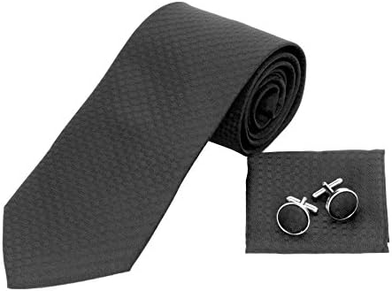 Matching Neck Tie, Cufflinks, and Hanky Set - Black Square