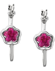 Pink Flower Cubic Zirconia - Hoop Earrings in Sterling Silver - Notched W/ Post