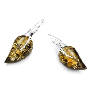 Sterling silver and leaf-shaped, green amber earrings