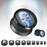 Black Acrylic Double Flat Flare Screw Fit Plug With 'Anarchy Skull' Print - 0 Gauge - SOLD AS A PAIR