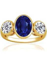 18K Yellow Gold Oval Cut Blue Sapphire Three Stone Ring