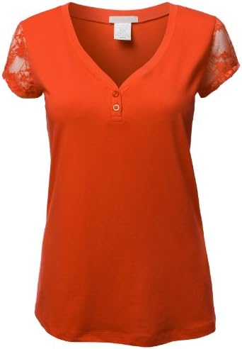 Doublju Plus Womens Basic Short Sleeve V-Neck Henley T-Shirt Big Size Darkorange XL