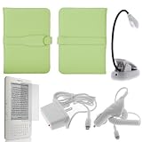 GTMax Green Leather Case (style 1) + Clear LCD Screen Protector + White LED Clip-On Reading Book Light + White Home Travel Charger + White Rapid Car Charger with IC Chip for Amazon Kindle 3 (3G+WIFI)