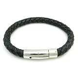 Mens Black Braided Leather Bracelet With Stainless Steel Clasp