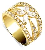Nickel Free 18 KT Gold Layered Marquise Shaped 20 x 12mm Clear CZ with 9 x 8mm Clear CZ Flower Accented 7mm Band Ring