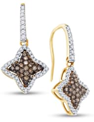 10K Yellow and White Two 2 Tone Gold Round Brilliant Cut Chocolate Brown and White Diamond - Diamond Shape Halo Channel Set Dangle Earrings - (.63 cttw.)