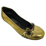 Ladies Rustic Black Gold Flat Comfort Womens Flower Pumps Shoes