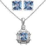 Sterling Silver Cushion Blue Topaz with Created White Sapphire Accents Pendant Necklace and Earrings Box Set