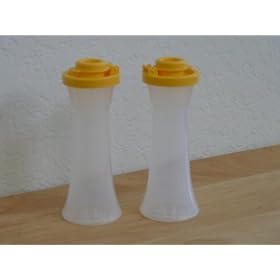Tupperware Large Hourglass Salt & Pepper Shakers. Golden Seals