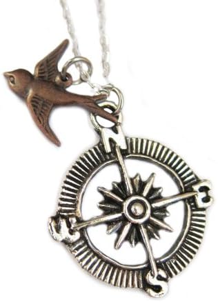 Compass Necklace with Copper Bird - Swallow guide your way