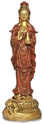 Standing Kuan-Yin Statue Holding Water Vessel, Gold and Red