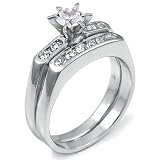 Sterling Silver Cubic Zirconia CZ Wedding Engagement Ring Set