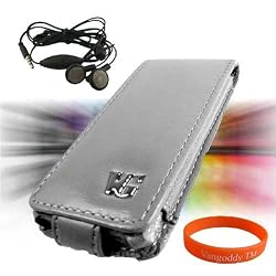 Apple iPod Nano 5th Generation (5G Video) Premium **VG BRAND** Leather Flip Case Cover **SILVER** + MP3 Player Earphones + Vangoddy ?(Trademarked) Orange Silicone Wrist Band!!!