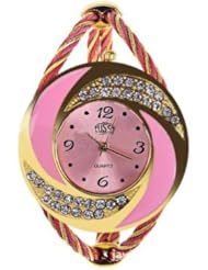 Pythons New Fashion Weaving Set Auger Bangle Wrist Watch Quartz for Women(Pink-Gold)
