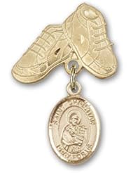 14K Gold Baby Badge with St. Christian Demosthenes Charm and Baby Boots Pin