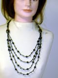 Black and Beads Four Strand on Very Small Onyx Long Chain Necklace and Matching Earrings for Women and Teens